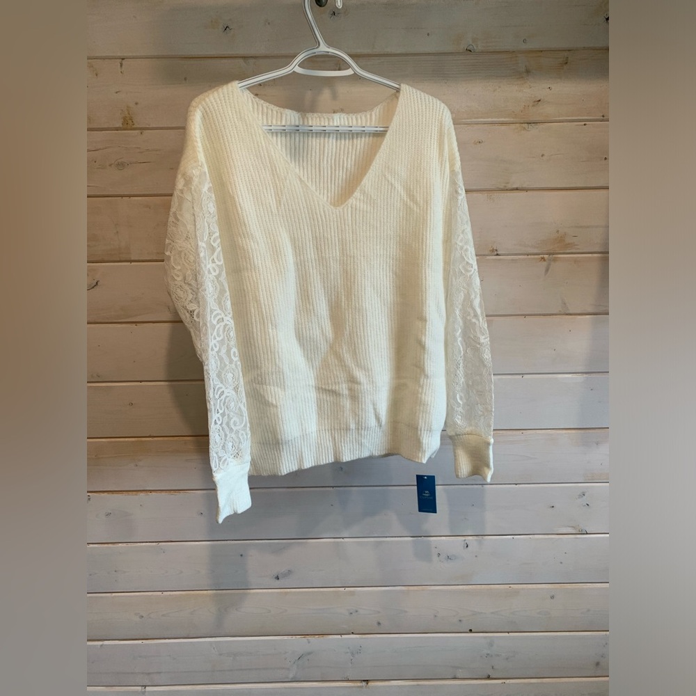 Cupshe | NWT Cream Ribbed Knit Top w Lace Sleeves